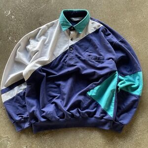 Vintage Palmland Polo Shirt Mens Large Blue Colorblock Long Sleeve Rugby 90s